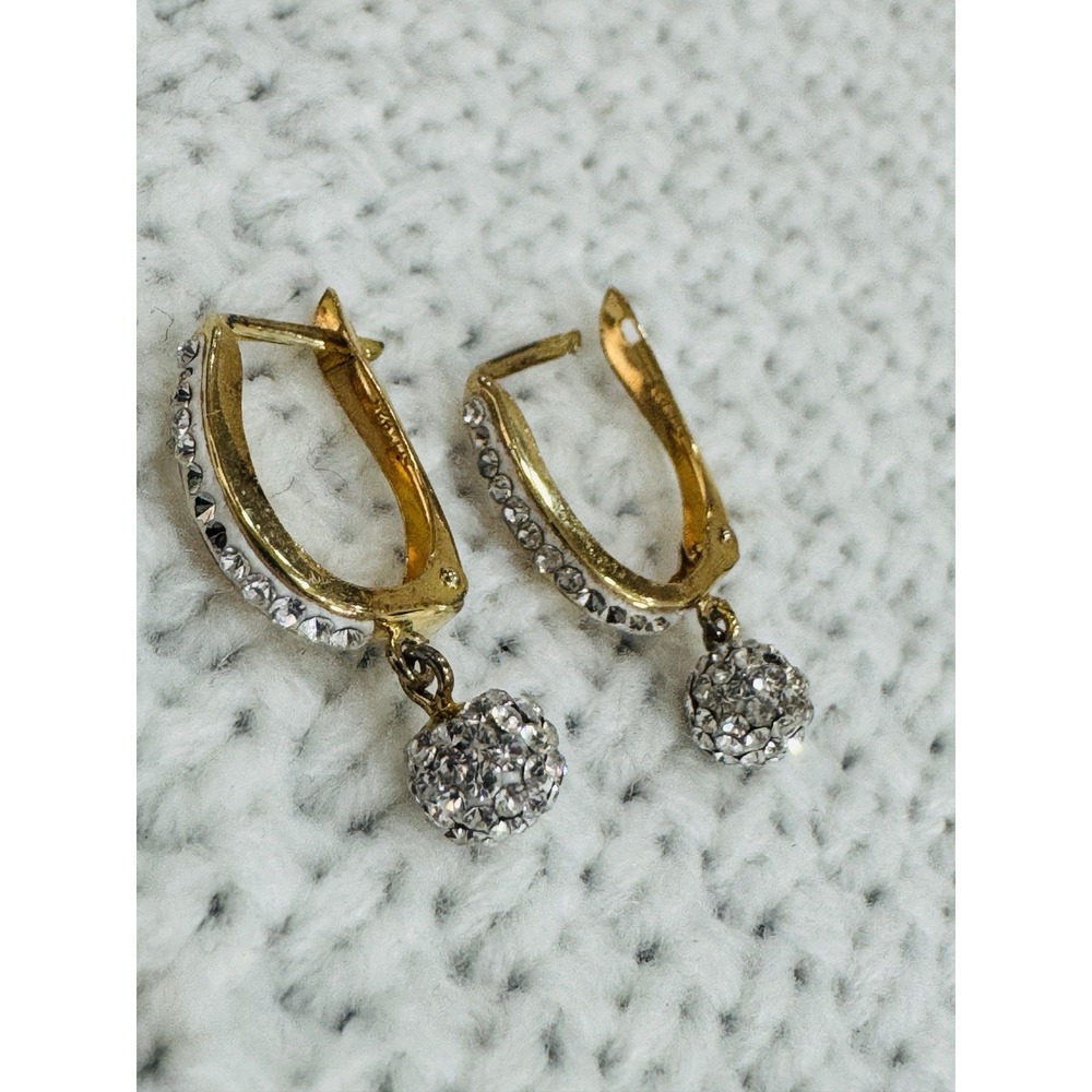 925 Sterling Silver Gold Wash Pave Crystal Disco Ball Huggie Hoop Earrings